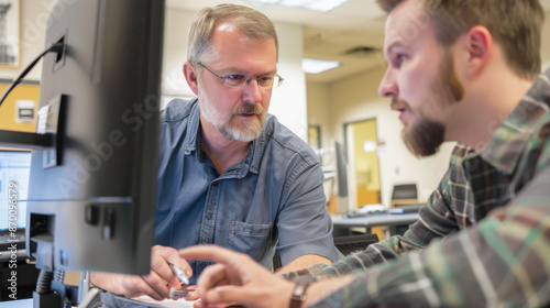 A supervisor showing an intern how to use new software, both looking at the same computer screen