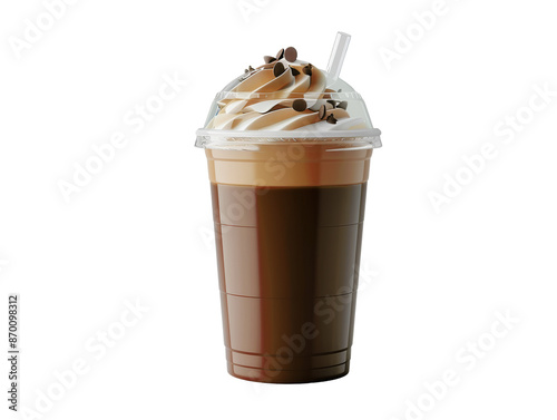 A refreshing iced coffee drink with whipped cream and chocolate chips in a clear plastic cup with a straw.