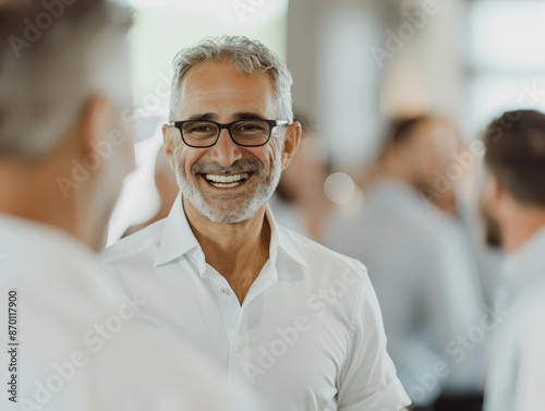 Smiling middle-aged man with glasses in a white shirt engaging in conversation at a social event or business gathering.