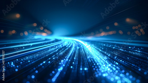 Blue light speed road background with futuristic glowing lines and digital technology concept , high-speed internet, big data network connection or fast highway in night time. 