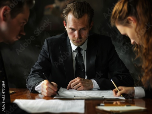 Business Meeting with Focused Professionals in Formal Attire Reviewing Documents at a Conference Table