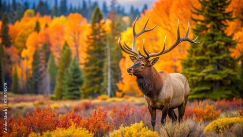 Majestic North American elk bull in autumn foliage, with impressive antlers, roaming freely in Yellowstone National Park's lush forest landscape.