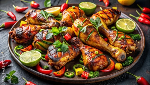 A Delicious And Healthy Meal Of Grilled Chicken Legs With Fresh Vegetables And Herbs.