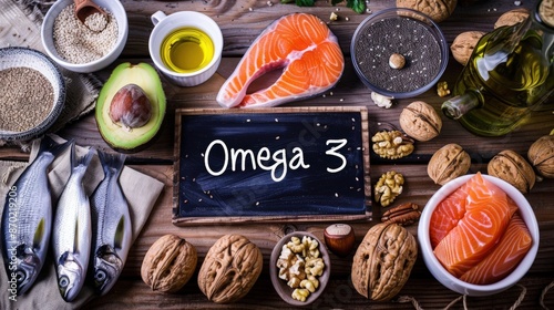 Omega-3 Rich Foods Top-Down View on Wooden Table