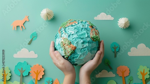 A pair of hands holding a paper mache globe with a background of paper-crafted trees and animals on a turquoise background.