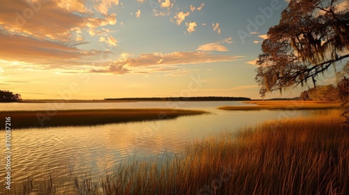 The serene beauty of a sunset over a marsh, the sky turning golden and the water reflecting the colors, creates a tranquil and picturesque scene.