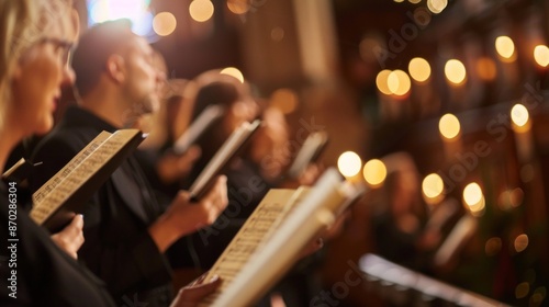 Close up of people choir members holding singing book while performing in a cathedral