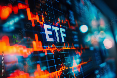 Letters ETF on stock finance or trading chart analysis, exchange-traded funds background