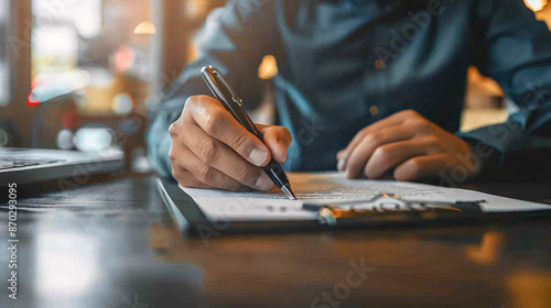 An image of an auto insurance policy being signed by a customer with a salesman standing by, ensuring the warranty and guarantee of the coverage.