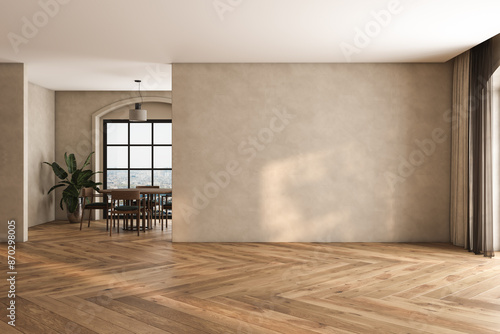 Modern interior design of apartment, dining room with table and chairs, empty living room with beige wall, panorama.