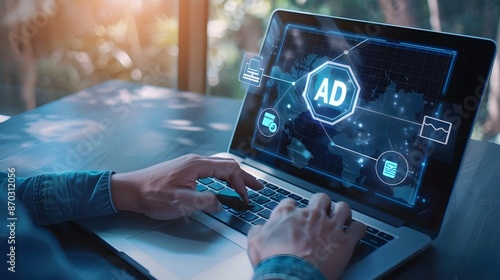 Holographic Ad Display on Laptop, person is using laptop concept of digital marketing online sales marketing strategy for social media and advertisers