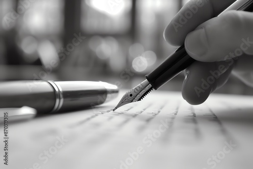 Close-up of a hand writing with a fountain pen on paper, emphasizing creativity and precision in black and white.