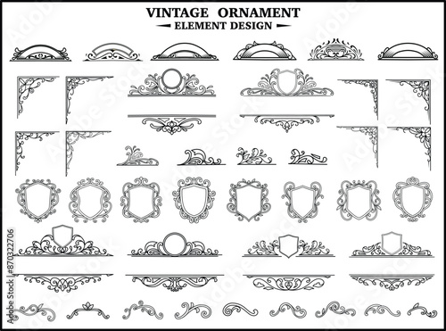 Set of classic ornament for labels, badge, card design. Black linear vintage decorative elements frames, ribbons, borders, dividers, filigree, arabesque, calligraphy, flourish ornament.