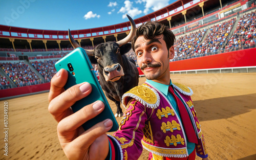 Un matador prend un selfie dans une arène, affichant une confiance comique et imprudente.