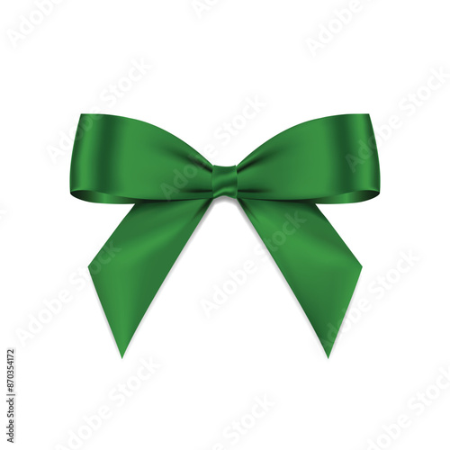 Green bow realistic shiny satin with shadow for decorate your christmas card or website vector EPS10 isolated on white background.