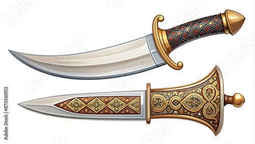 Arab dagger with curved blade. Omani culture and weapons. Yemeni knife with ornament. Flat illustration isolated on white.