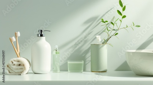 Sustainable Bathroom with Water-Saving Fixtures and Eco-Friendly Personal Care Products for Green Lifestyle, Generative Ai