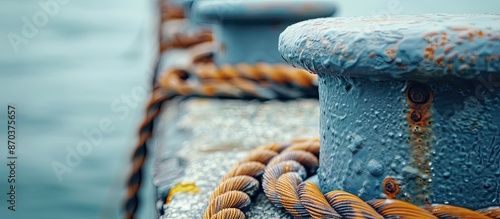 A close-up picture showing the steel rope fixed to the shore moorings with copy space image.
