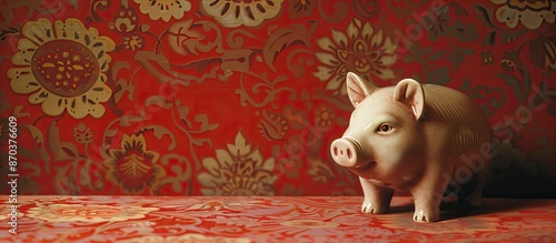 A piggy bank is placed on a vintage red cardboard surface, providing space for additional images.