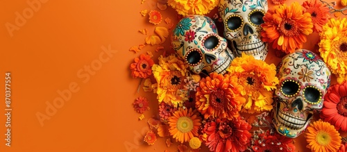 A festive Dia De Los Muertos lightbox set against an orange background with sugar skulls, marigold flowers, and calaveritas on a traditional Mexican festival flyer. Flat lay with a top-view