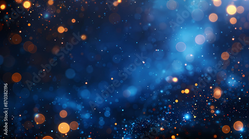 Abstract festive background with blue and orange bokeh lights creating a magical and dreamy atmosphere.