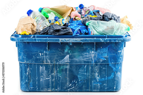 Assorted waste in an overfilled blue plastic bin, isolated on white background. Useful for environmental awareness and public sanitation education. High quality illustration