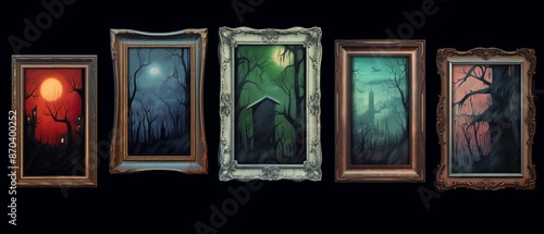 Collection of eerie and dark art paintings in different frames depicting haunted forest scenes with moons.