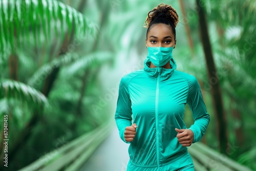 Female Athlete Jogging in Nature with Face Mask During Pandemic