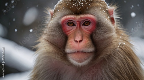 Japanese macaque in winter, close-up portrait of a monkey