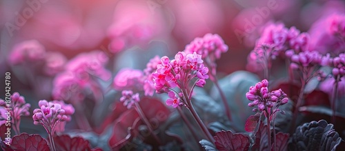 Pink flowers of the heart-leaved bergenia, a beautiful ornamental plant, are showcased in a close-up copy space image.