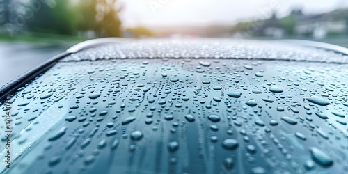 Car windshield with water repellent treatment covered in raindrops after heavy rain. Concept Car Care, Water Repellent, Raindrops, Windshield, Heavy Rain