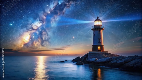 Lighthouse casting a mystical glow over a calm sea under a starry night sky, Lighthouse, glowing, mystical, celestial