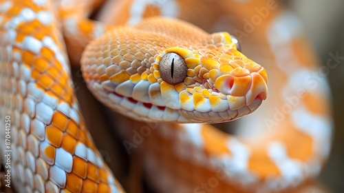 Striking Closeup of a Vibrant and Coiled Snake with Detailed Scales and Texture