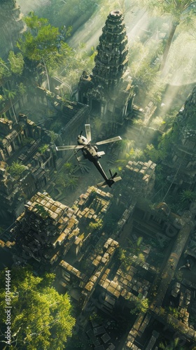 A dramatic overhead shot of an Attack Helicopters AH-64 Apache maneuvering through a maze of ancient jungle ruins Sunlight breaks through the overgrown canopy