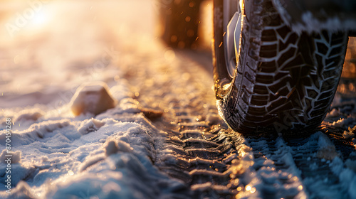 Close-up of a car tire making tracks on a snowy road at sunrise. The winter scene captures the importance of traction and safety in icy conditions, highlighting the beauty of a winter morning.