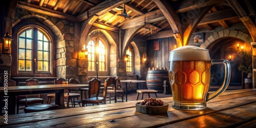 Fantasy tavern with a full glass of beer for heroic adventurers , fantasy, tavern, glass, beer, heroes, world, medieval, ancient