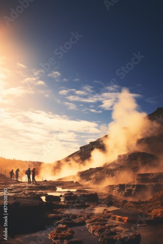A group of people, likely travelers or tourists, standing around a geothermal geyser in an otherworldly landscape. The geyser appears to be active, releasing steam and hot water into the air