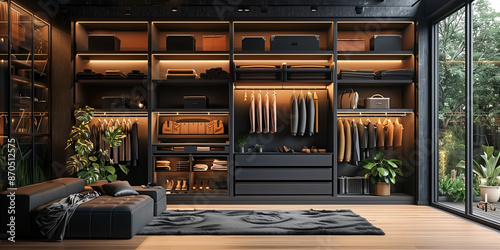 Sophisticated walk-in closet with sleek black shelving, integrated lighting, and large windows.