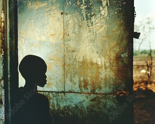 Silhouette of a young child looking out from a doorway, with a worn, weathered background. The image evokes a sense of poverty and hardship.