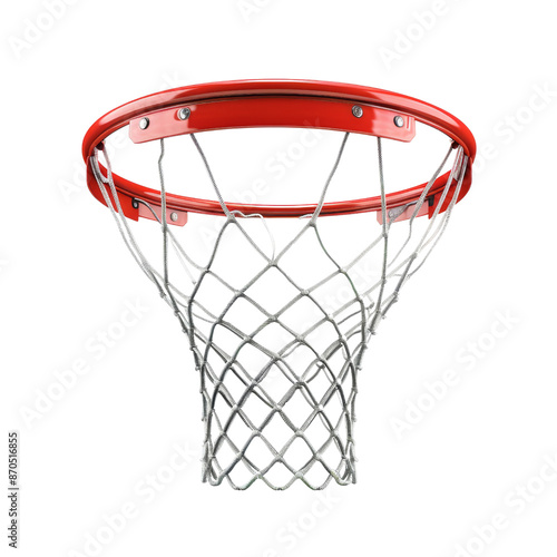 Close-up of a basketball hoop with a red rim and net, isolated on transparent background, perfect for sports-themed designs and materials.