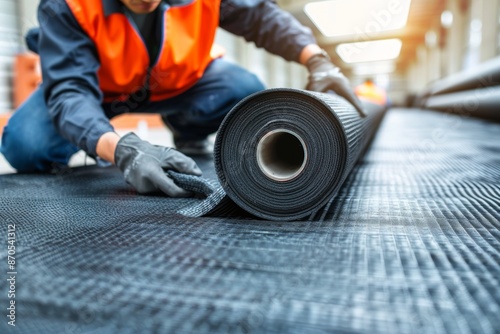 Worker rolling industrial non-slip mat in factory