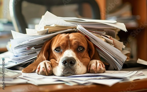 A dog, buried under a mountain of paperwork in an office setting