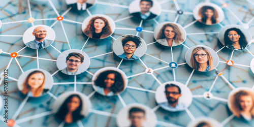 A diverse network of interconnected people portraits symbolizing social connections and professional networking