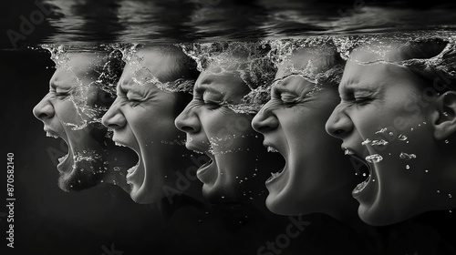 Five faces submerged in water, mouths open in a silent scream, creating a surreal and unsettling image.