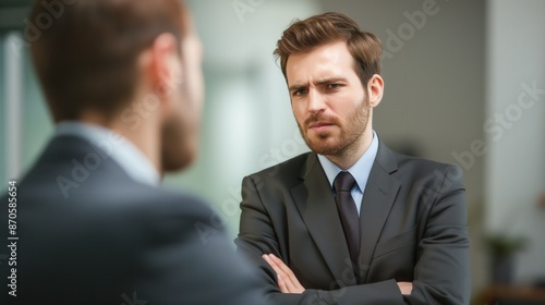 Young businessman look at colleague showing confusing doubtful expression Caucasian male in suit cross hands in office