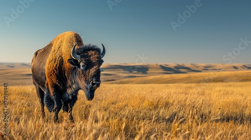 A bison grazing in a vast prairie, with rolling hills and a clear blue sky