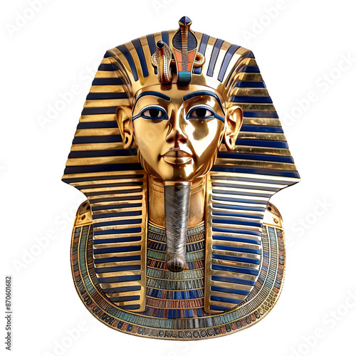 Detailed replica of king tut's burial mask on a transparent background