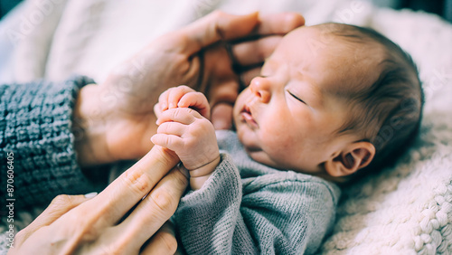 Padre e hijo juntos. Bebé cogiendo la mano de su padre. Recién nacido durmiendo cerca de las manos de su progenitor.