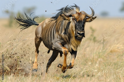 Wildebeest Running Through Savanna Grassland in Africa