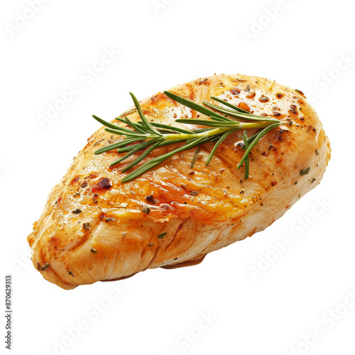 Juicy grilled chicken breast with a sprig of fresh rosemary, perfectly cooked, isolated on transparent background. Idea for culinary and food-related projects.